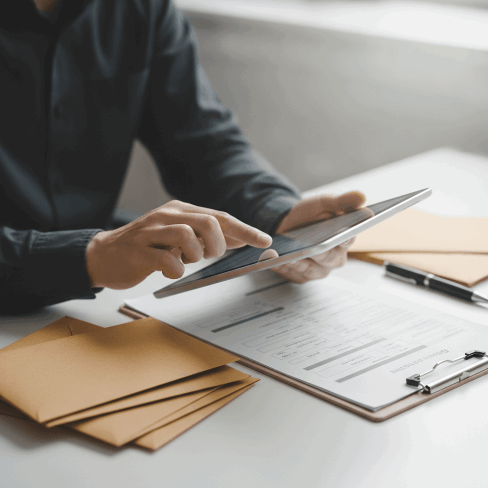 Gros plan sur les mains d'un employé validant une commande pré-remplie par IA générative sur tablette