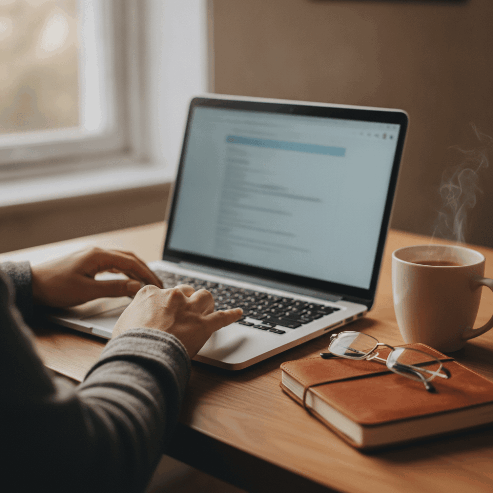 Mains tapant sur un clavier d'ordinateur portable pour rechercher un avocat en ligne