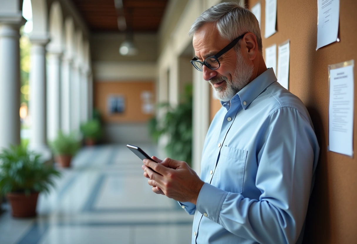Chercheur universitaire vérifiant ses emails dans un couloir