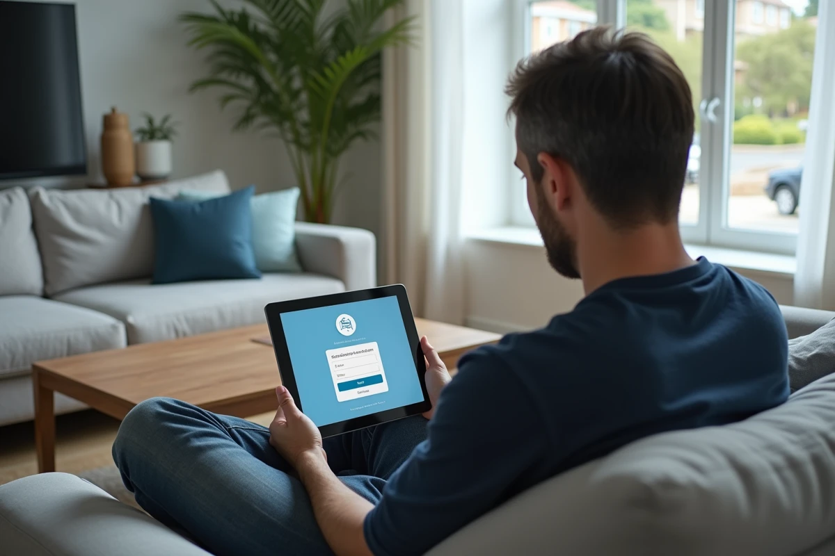 Homme consultant sa boîte mail académique de Versailles sur une tablette depuis son salon