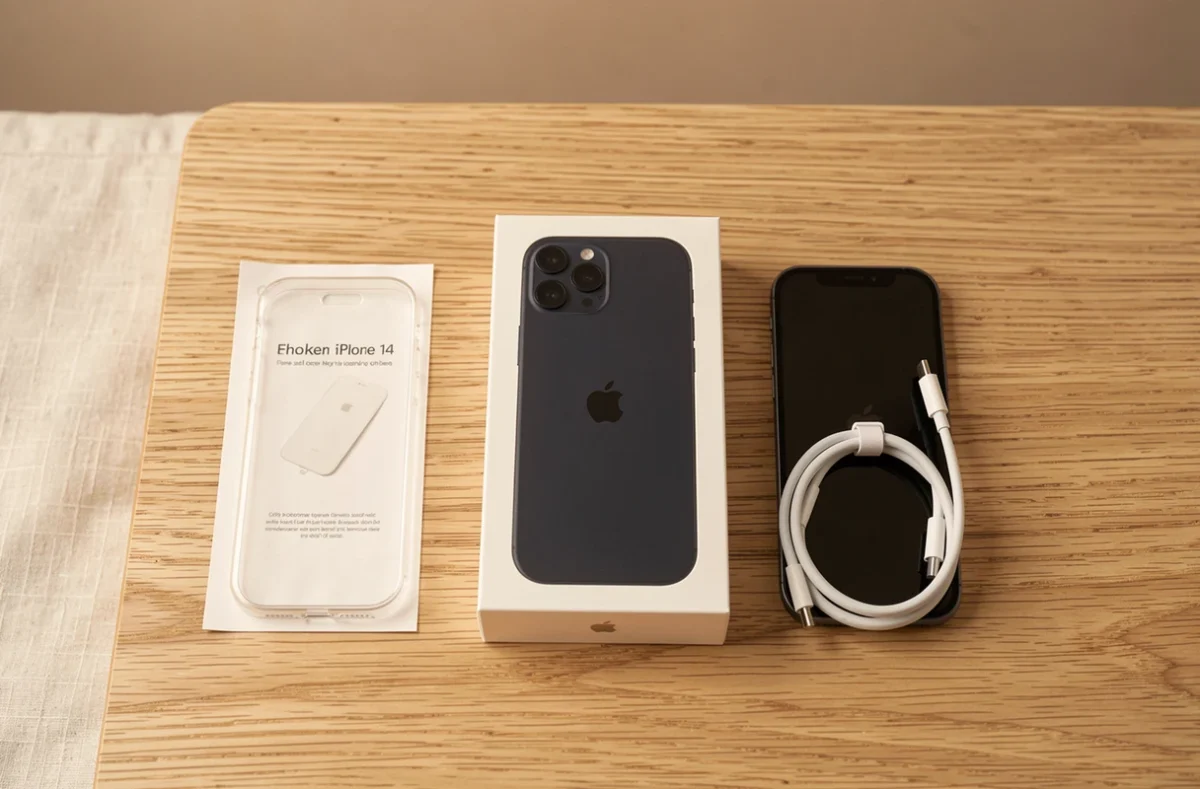 iPhone 14 déballé avec ses accessoires de protection disposés en flat-lay sur une table en chêne