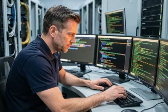 Administrateur systèmes analysant des messages d'erreur SMF sur plusieurs écrans de terminal dans une salle serveur professionnelle