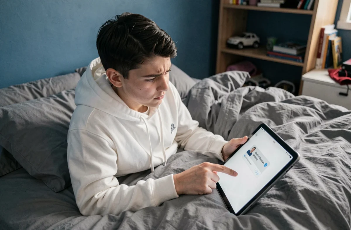 Adolescent sur son lit écartant une publicité intrusive sur une tablette lors du visionnage d'une vidéo en ligne