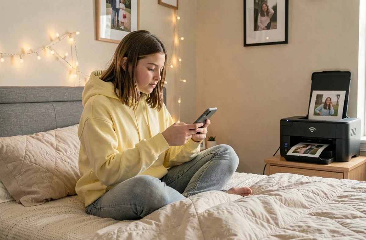 Adolescente imprimant des photos depuis son smartphone via une imprimante à réservoir d'encre Wi-Fi posée sur une table de chevet dans sa chambre