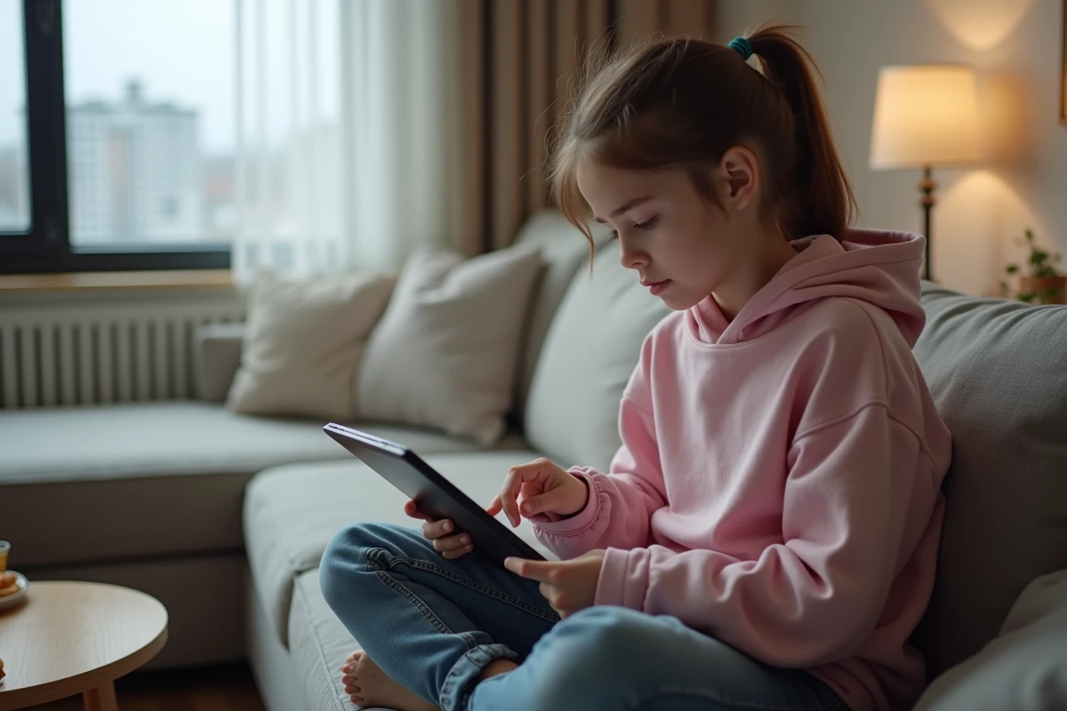Adolescente consultant un site de lecture de mangas en ligne sur une tablette dans un salon moderne