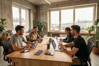 Équipe de développeurs d'applications mobiles dans un espace de travail moderne à Lyon, dans le Rhône
