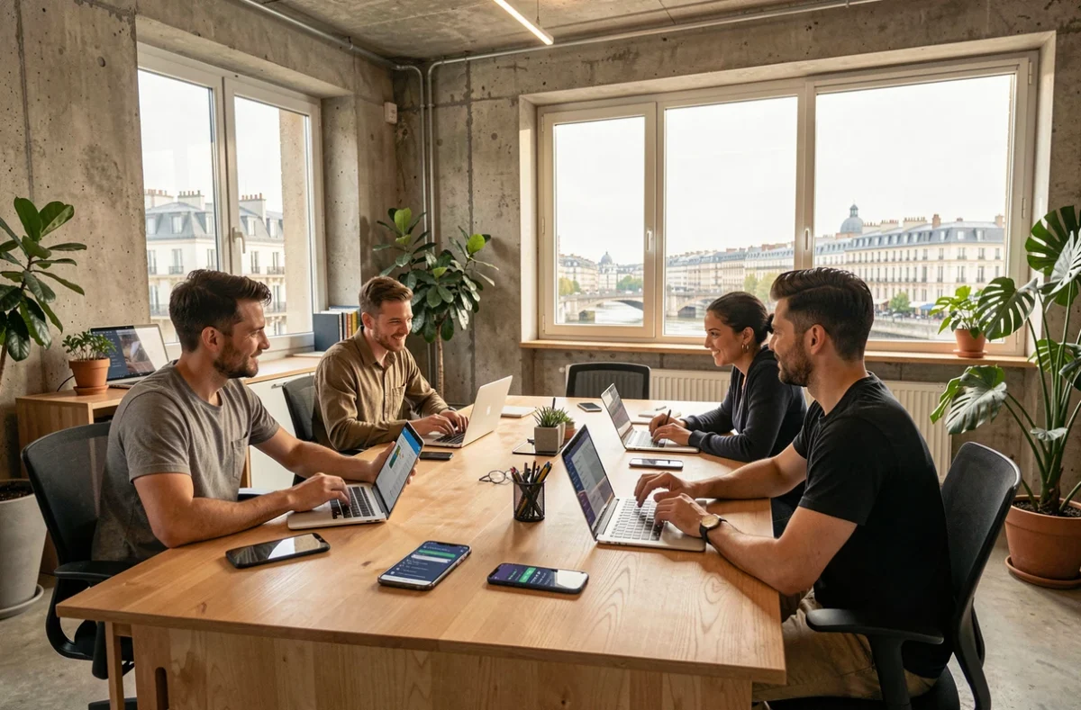 Équipe de développeurs d'applications mobiles dans un espace de travail moderne à Lyon, dans le Rhône
