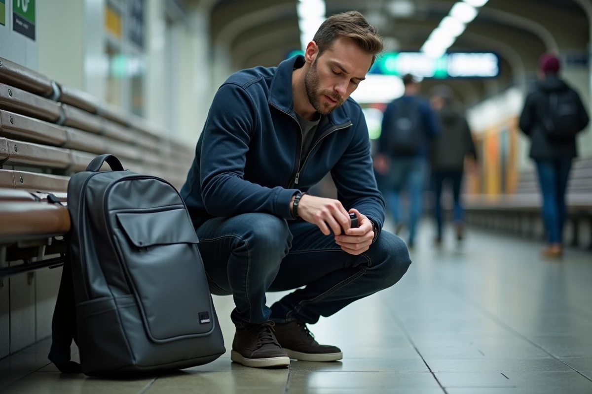 Homme tenant un AirTag trouvé dans un sac à dos dans une gare, illustrant la détection d'un tracker indésirable