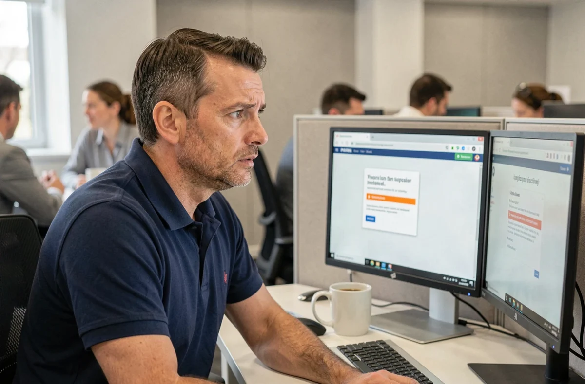 Homme en bureau face à une alerte de sécurité sur navigateur avertissant d'un site potentiellement dangereux