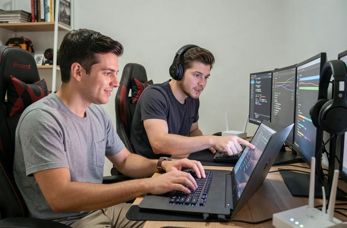 Deux amis qui cherchent une solution à leurs problèmes de connexion pour jouer en ligne ensemble