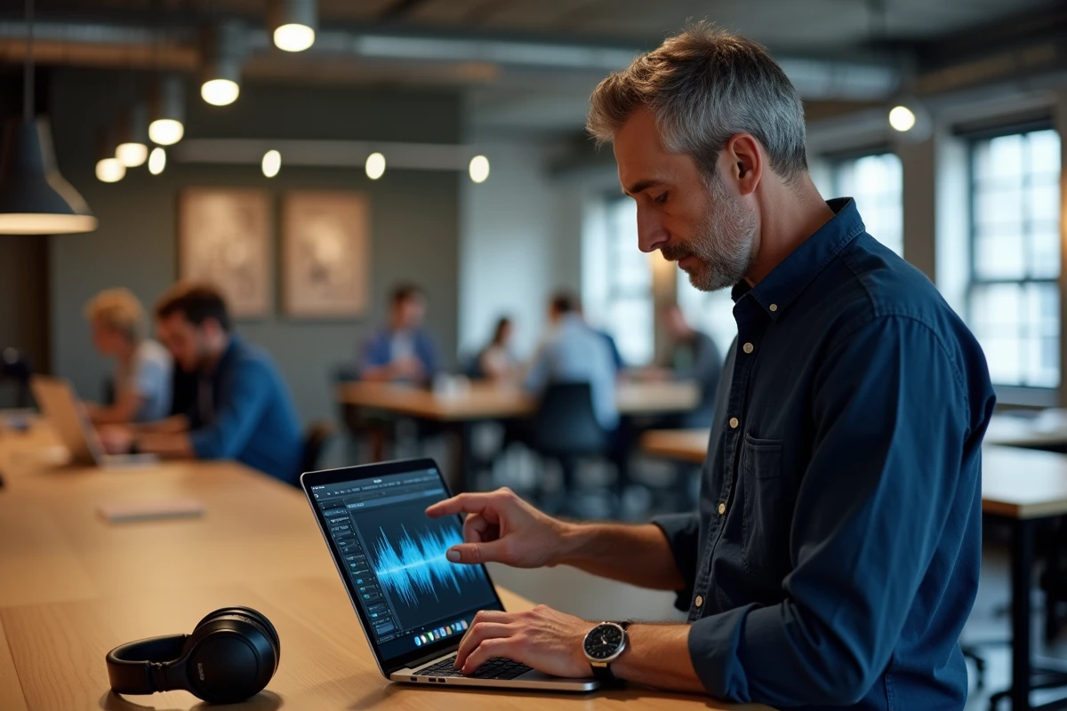 Professionnel analysant des fichiers audio MP3 sur une tablette dans un espace de coworking moderne