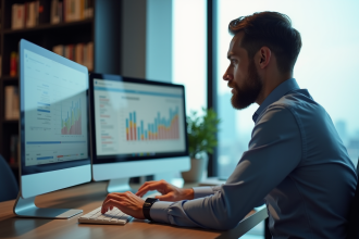 Homme en bureau moderne analysant des données SEO