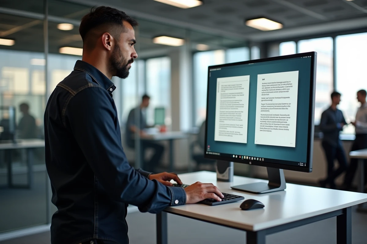 Homme visualisant la mise en forme d'un document Pages converti en PDF sur un grand écran de bureau