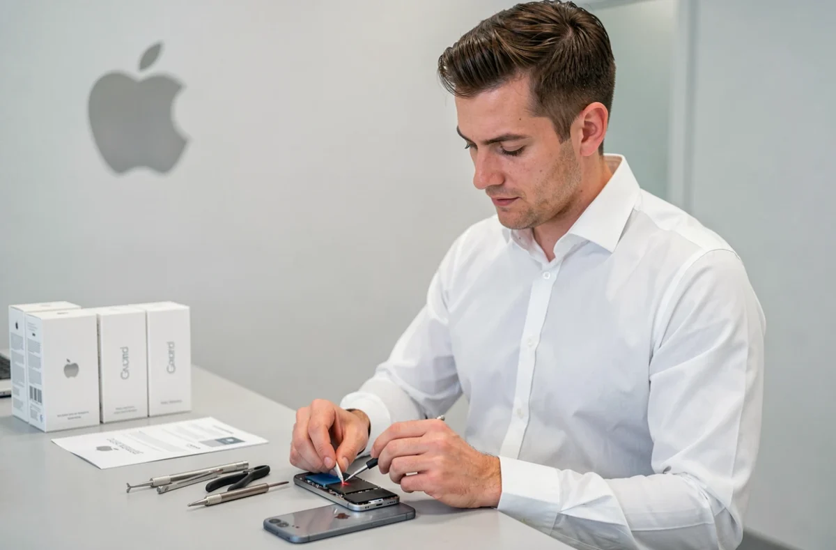 Technicien agréé Apple remplaçant la batterie d'un iPhone dans un point de service Apple du Gard