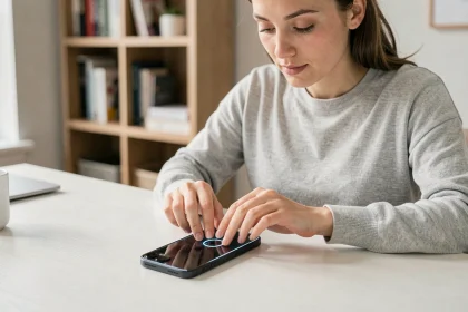 Femme appliquant une protection d'écran en verre trempé sur un iPhone 14 neuf à un bureau blanc