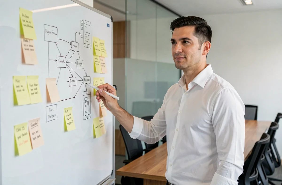 Chef de projet de l'agence Arquen présentant une architecture d'application sur tableau de verre