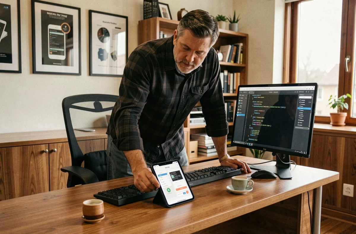 Développeur senior d'Ascomedia examinant une application mobile sur tablette dans son bureau
