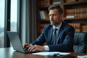 Avocat en costume navy travaillant sur un ordinateur dans son bureau