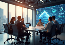 Bureau moderne avec equipe diverse collaborant autour d'une table