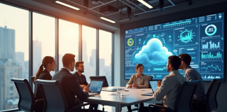 Bureau moderne avec equipe diverse collaborant autour d'une table