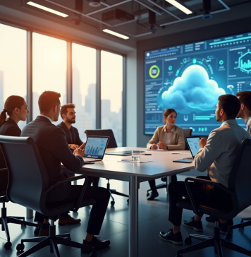 Bureau moderne avec equipe diverse collaborant autour d'une table