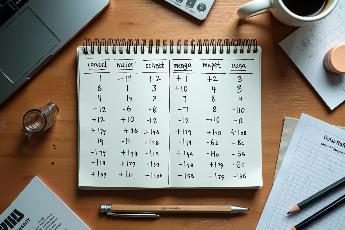 Vue aérienne d'un cahier de notes avec tableau de conversion d'octets manuscrit sur une table d'étudiant