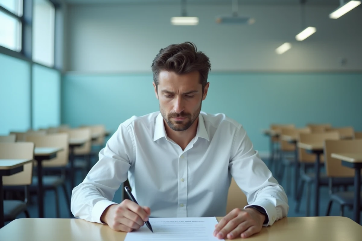 Candidat seul dans une salle d'examen juridique regardant sa copie avec une expression pensive évoquant les enjeux éthiques de l'IA