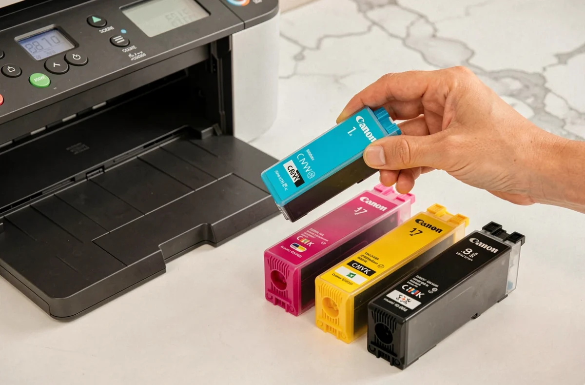 Cartouches d'encre Canon CMYK disposées sur un plan de travail blanc à côté d'une imprimante ouverte prête pour le remplacement