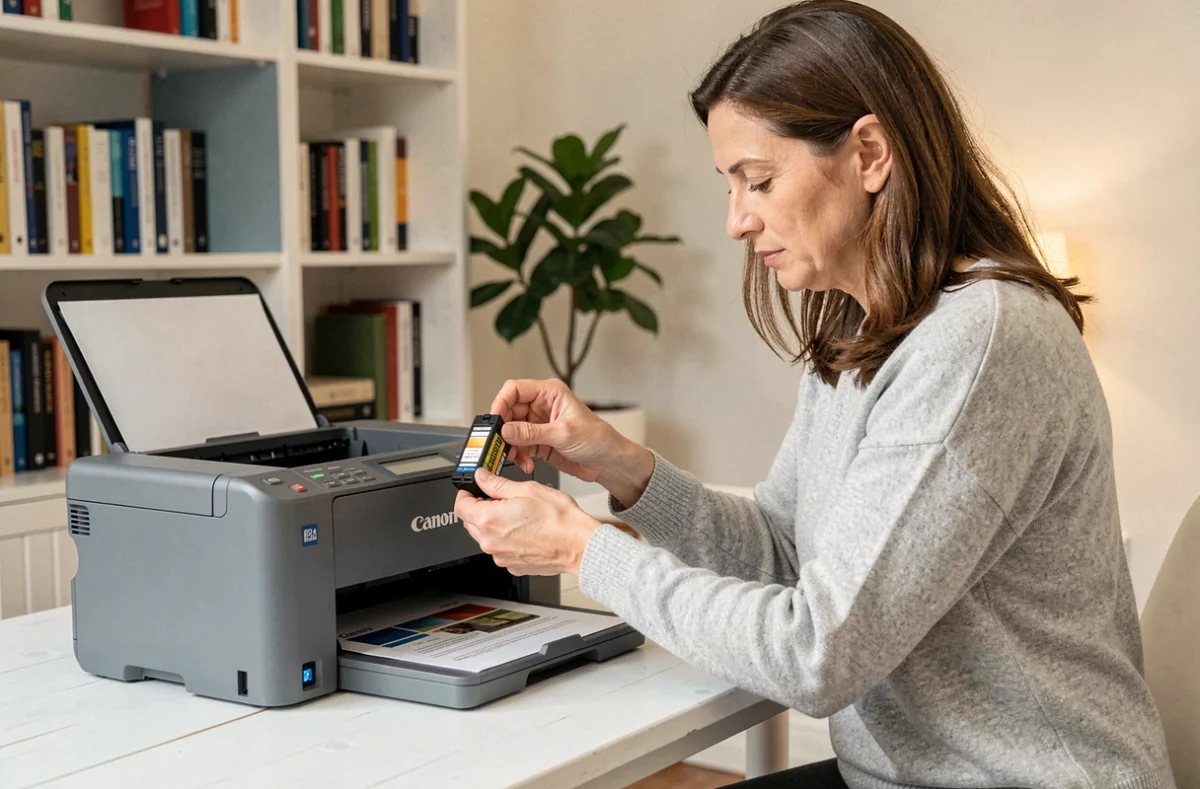 Femme changeant une cartouche d'encre dans une imprimante Canon posée sur un bureau blanc de bureau à domicile