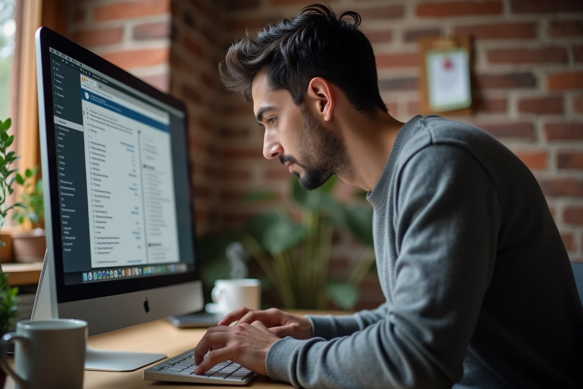 Homme en télétravail vérifiant une check-list de sécurité avant l'envoi d'un email confidentiel