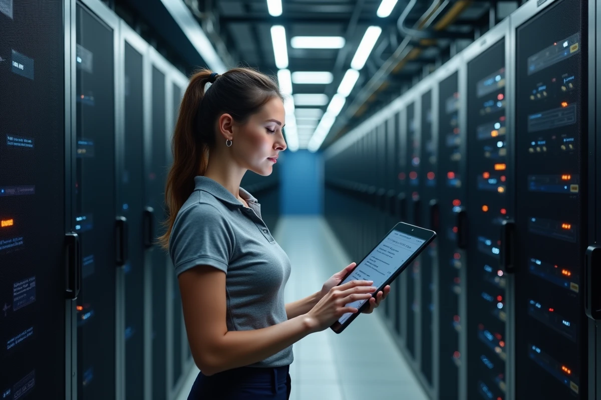 Chercheuse en sécurité informatique analysant des résultats d'inspection de domaine web sur une tablette dans une salle de serveurs professionnelle