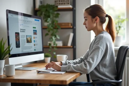 Jeune femme comparant deux créateurs de sites internet sur un écran d'ordinateur dans un bureau à domicile moderne