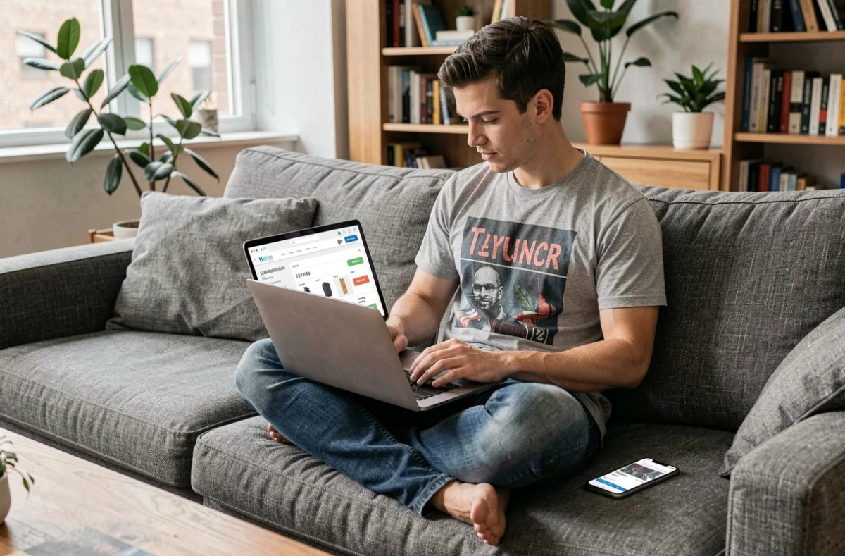 Jeune homme comparant les prix de smartphones reconditionnés sur son canapé avec un ordinateur portable