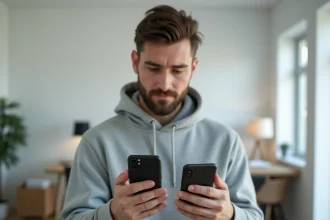 Jeune homme comparant deux smartphones Samsung et Xiaomi tenus dans ses mains dans un appartement moderne