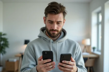 Jeune homme comparant deux smartphones Samsung et Xiaomi tenus dans ses mains dans un appartement moderne