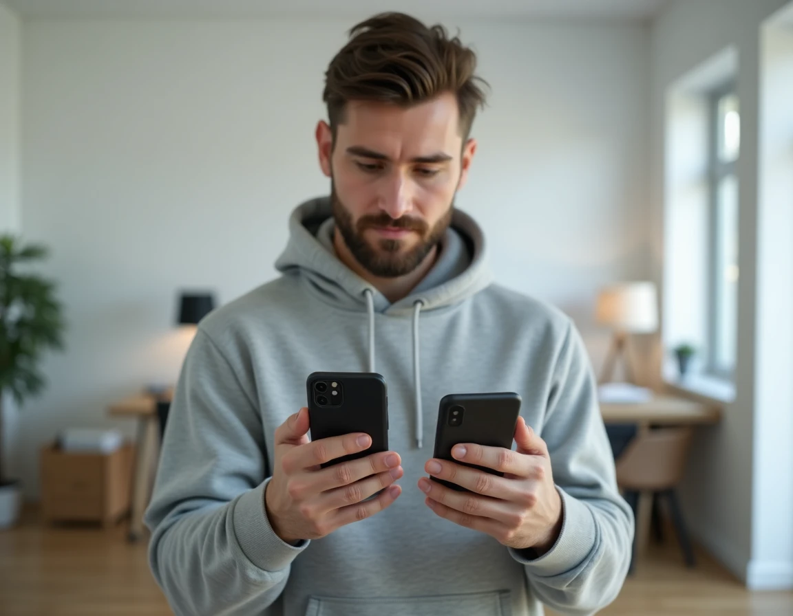 Jeune homme comparant deux smartphones Samsung et Xiaomi tenus dans ses mains dans un appartement moderne