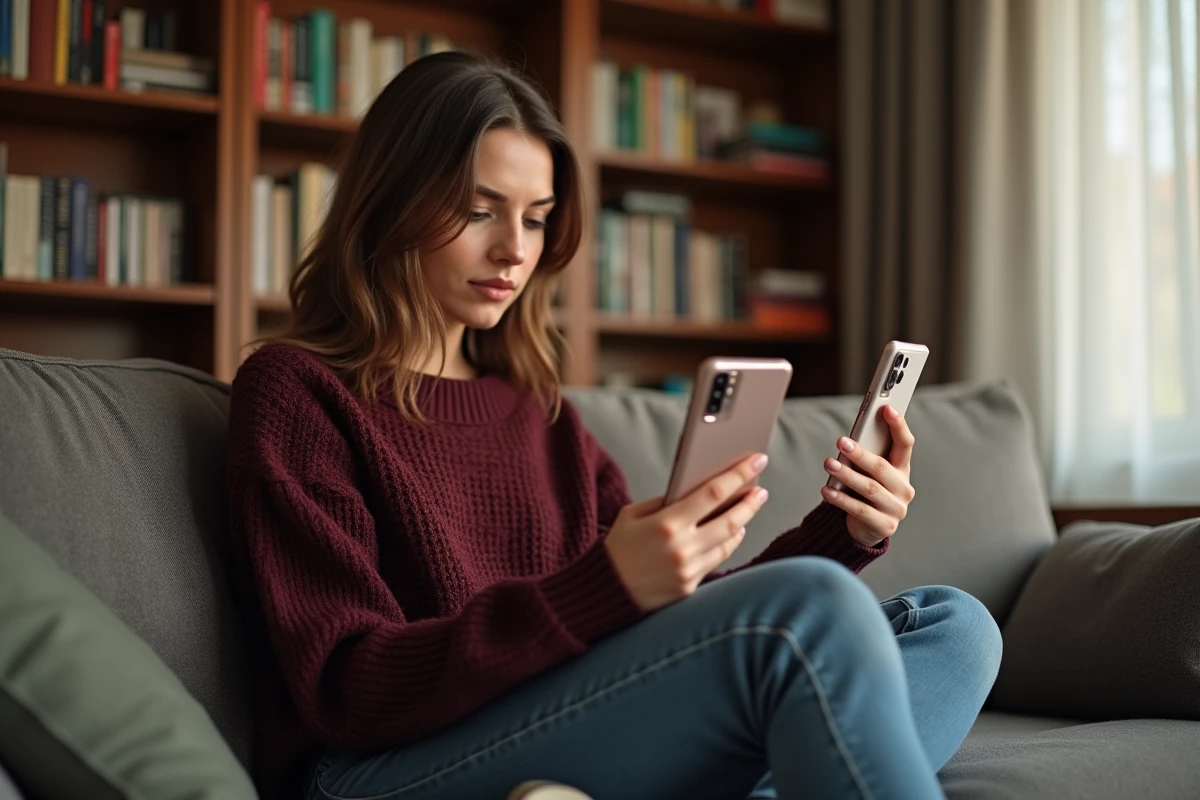 Femme comparant le Samsung Galaxy A51 avec un autre smartphone pour évaluer les performances et les mises à jour