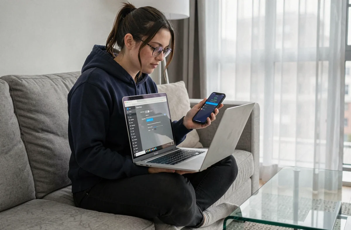 Jeune femme configurant un VPN sur son ordinateur portable et son smartphone dans un salon moderne