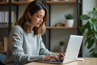 Femme connectée à sa messagerie académique de Versailles depuis son bureau à domicile sur un ordinateur portable