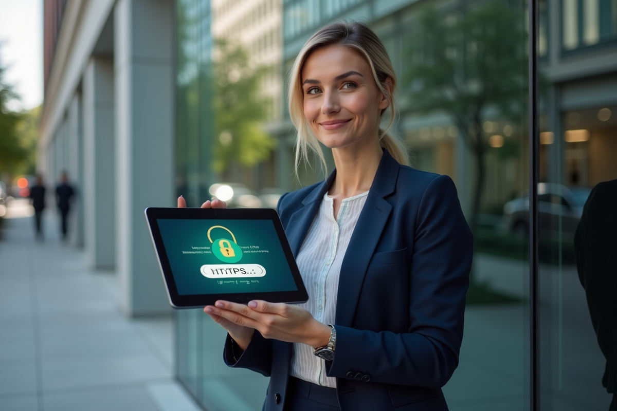 Femme consultante en sécurité vérifiant un site sur tablette