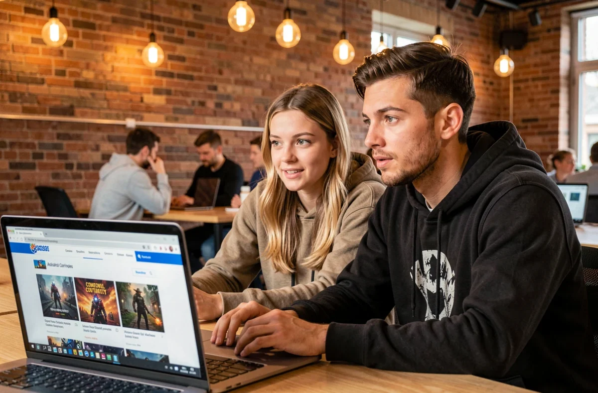 Deux adultes consultant un site d'archives non officiel de forum gaming sur un ordinateur portable dans un espace de coworking moderne
