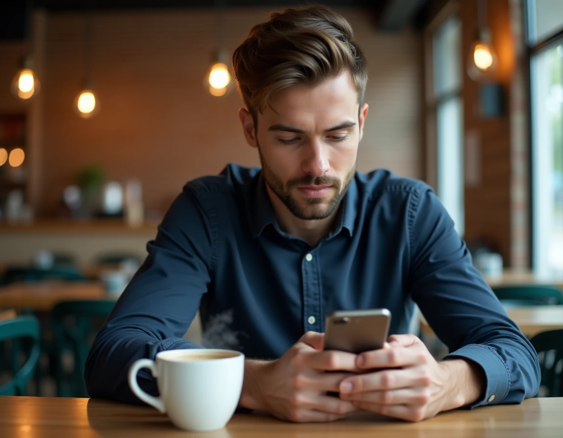 Homme consultant discrètement une story Snapchat sur son téléphone dans un café branché sans être repéré