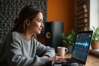 Femme utilisant un logiciel de conversion audio WAV sur un ordinateur portable dans un studio maison avec panneaux acoustiques