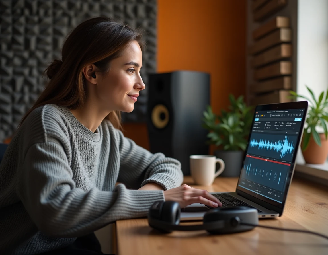 Femme utilisant un logiciel de conversion audio WAV sur un ordinateur portable dans un studio maison avec panneaux acoustiques