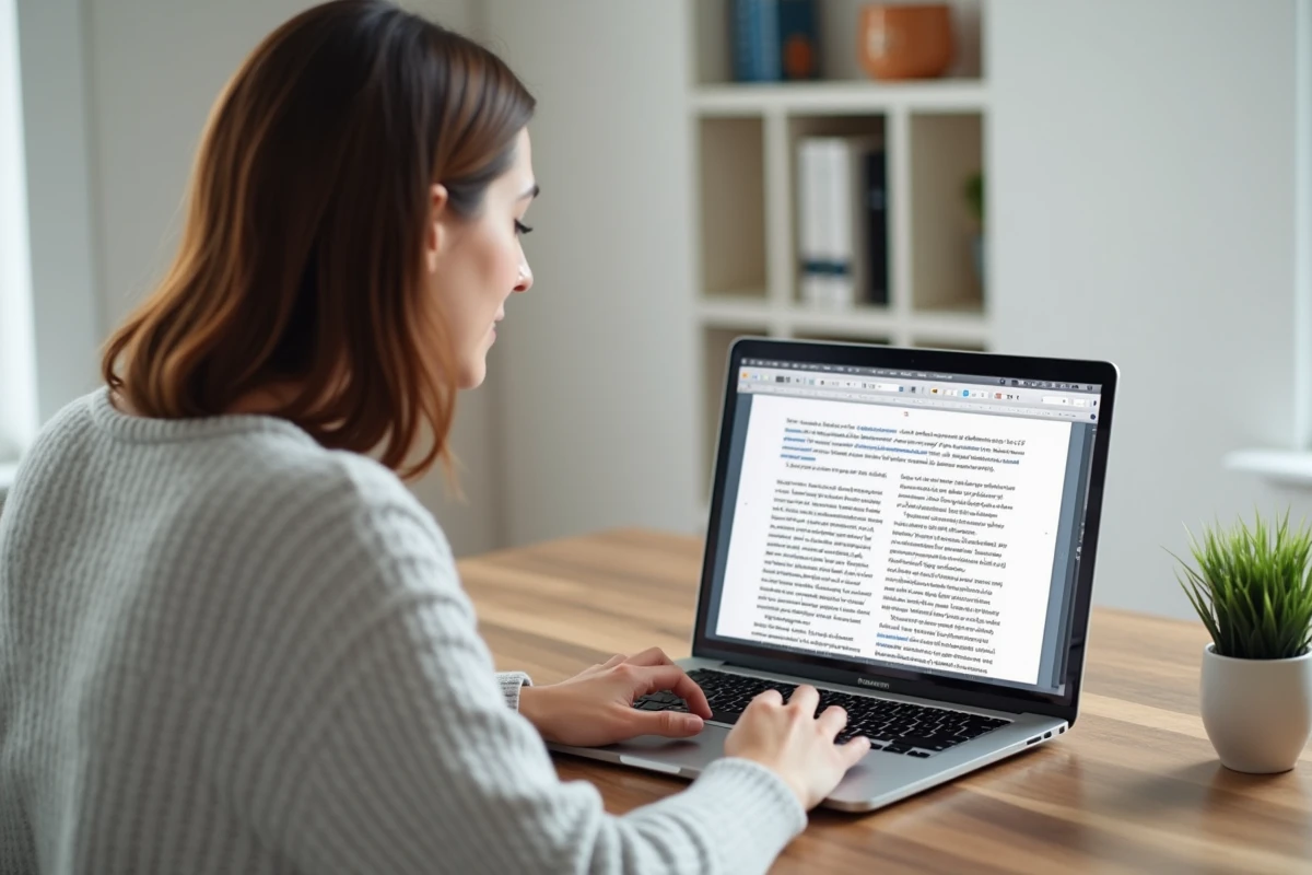 Femme convertissant un fichier Pages en PDF sur un MacBook dans un bureau minimaliste