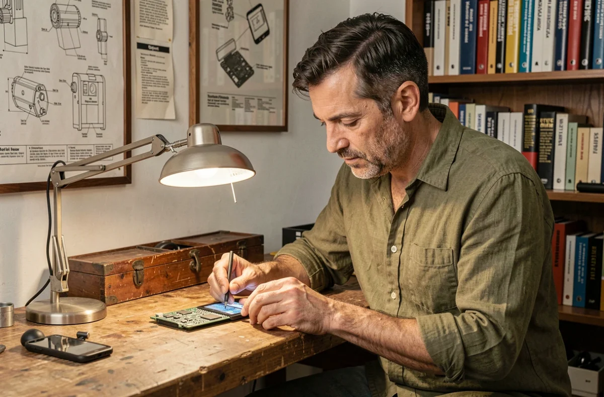 Davide, réparateur indépendant près de Nîmes, examinant une carte mère de smartphone sous une loupe dans son atelier artisanal