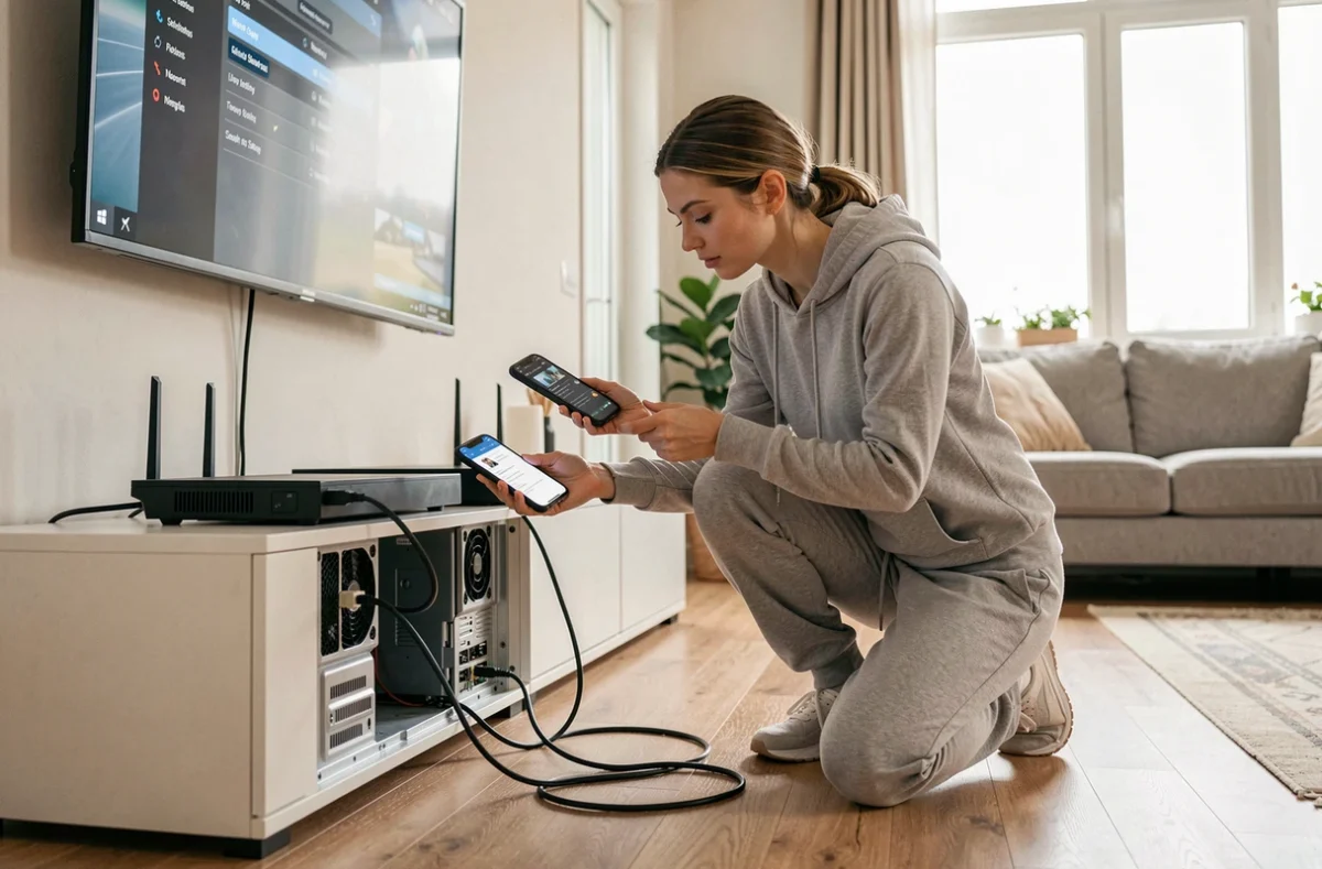 Femme qui dépanne sa connexion internet pour sa console de jeu dans le salon