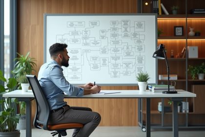 Jeune homme dessinant un schema de base de donnees sur whiteboard