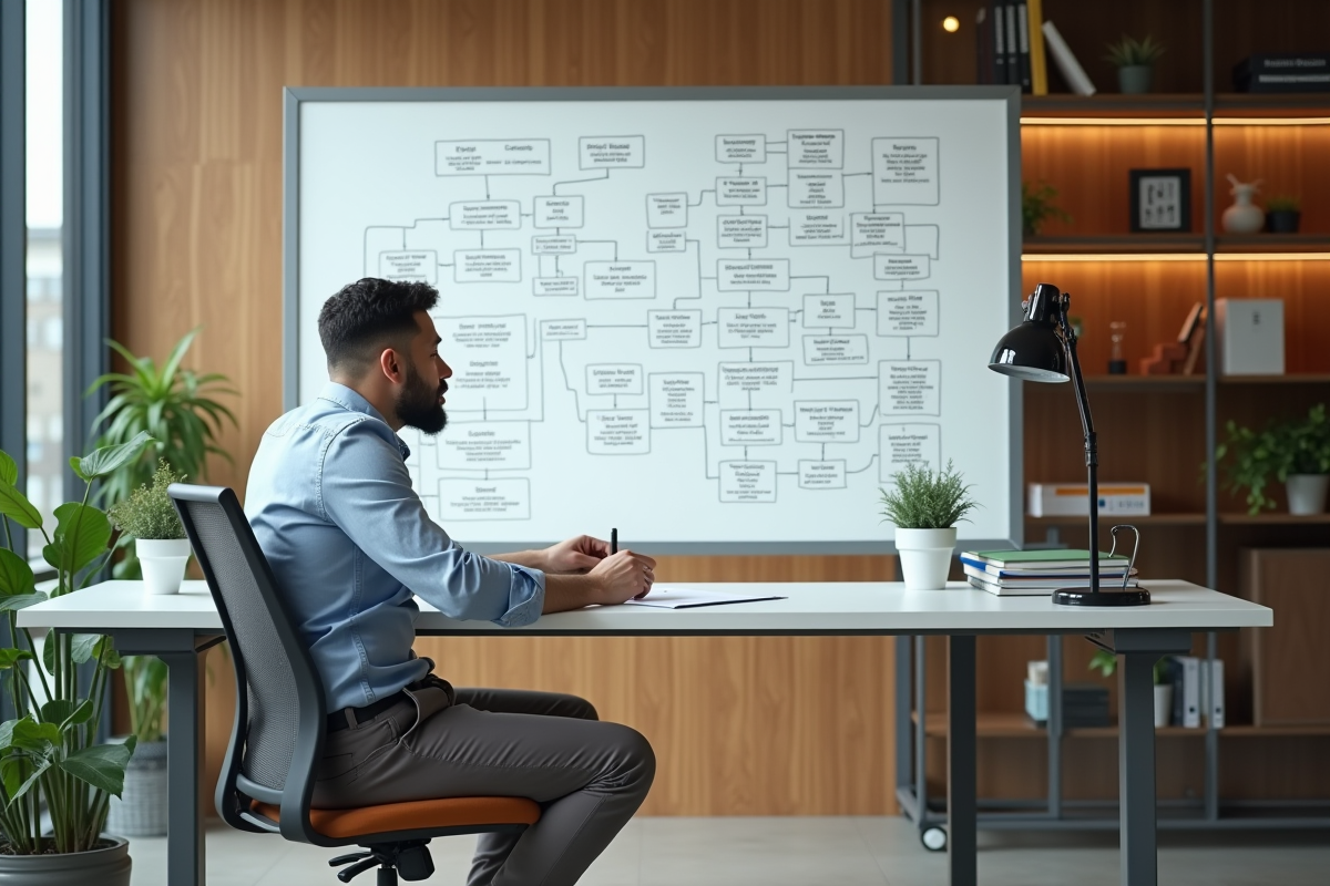 Jeune homme dessinant un schema de base de donnees sur whiteboard