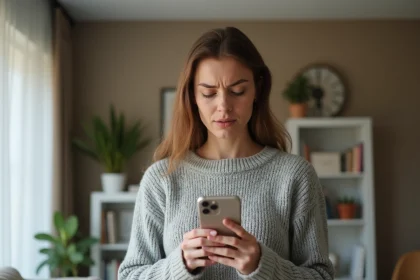 Femme tenant un iPhone et inspectant une notification de détection d'AirTag dans un appartement moderne